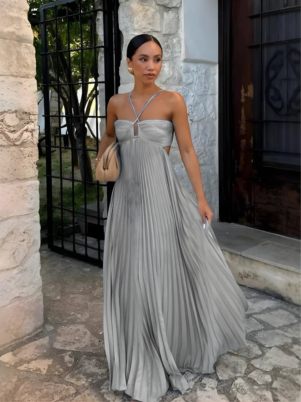 Pleated halter maxi dress with high waist and side cut-outs