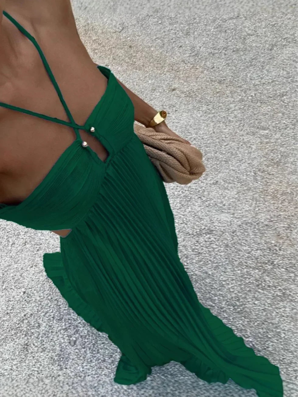 Pleated halter maxi dress with high waist and side cut-outs