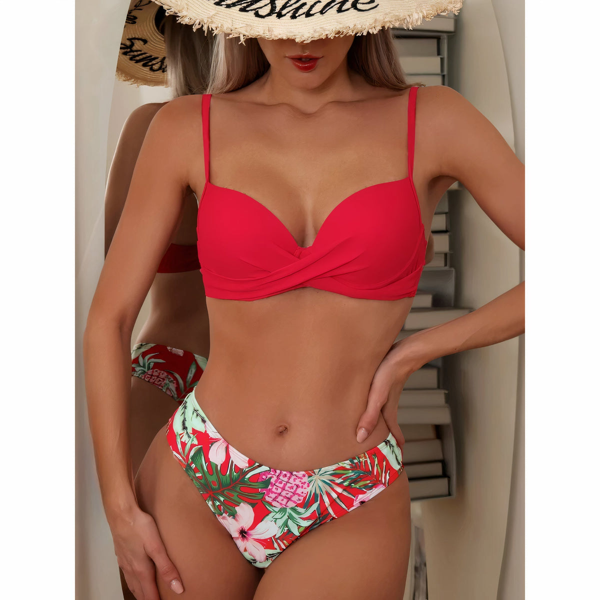Women's floral three-piece bikini set with twist-front top and long-sleeve cover-up