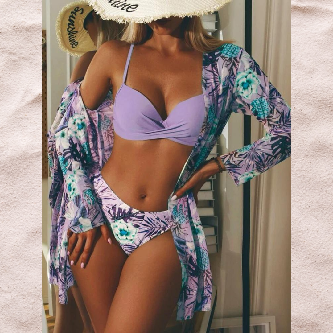 Women's floral three-piece bikini set with twist-front top and long-sleeve cover-up