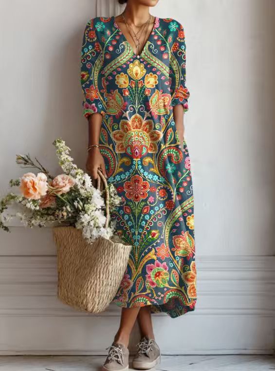 Women's floral midi dress with V-neckline and three-quarter sleeves