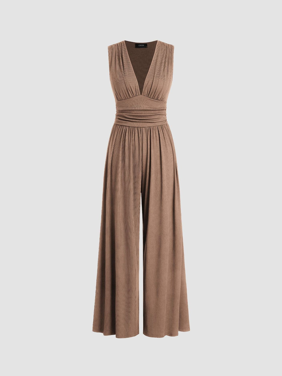 Sleeveless wide-leg jumpsuit with deep V-neckline and ruched waist