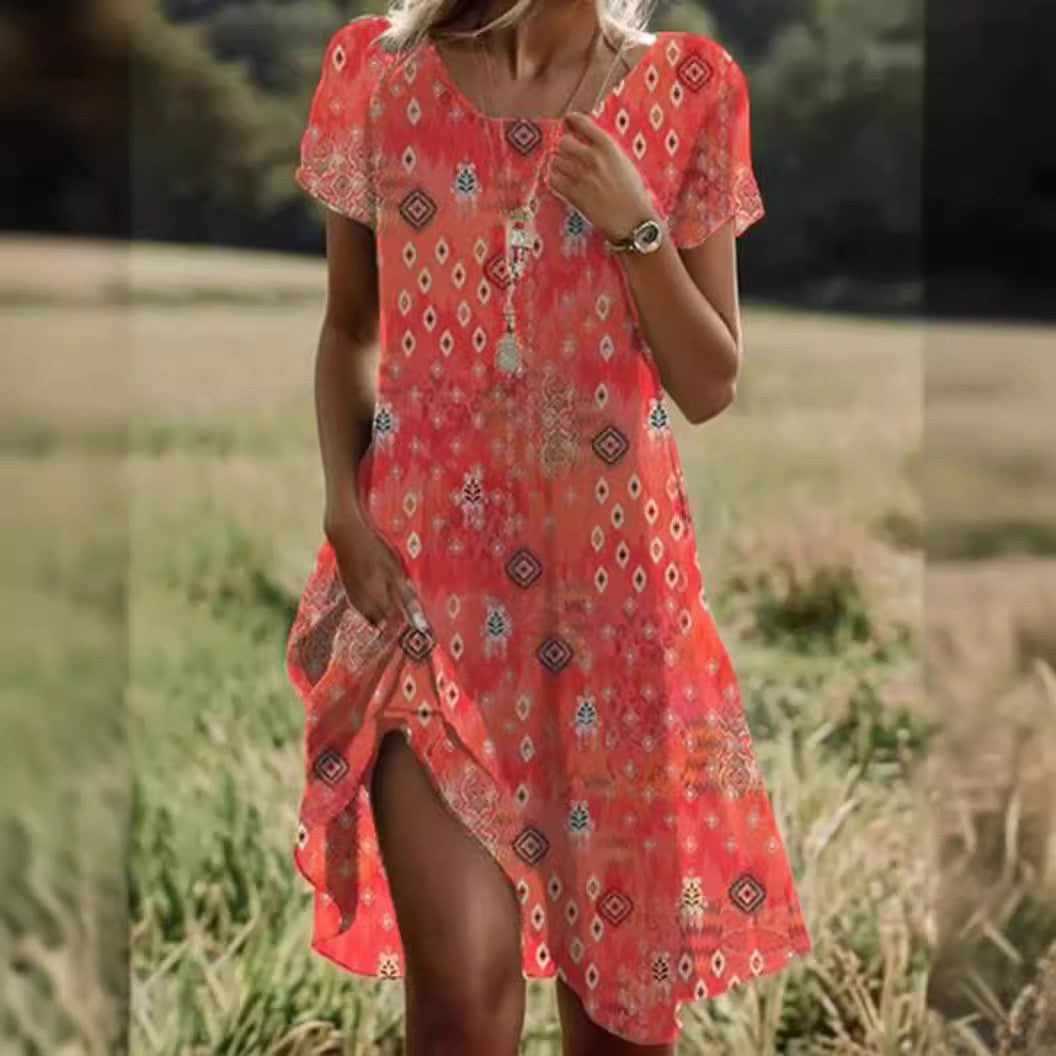 Women's polka dot midi dress with V-neckline and short sleeves