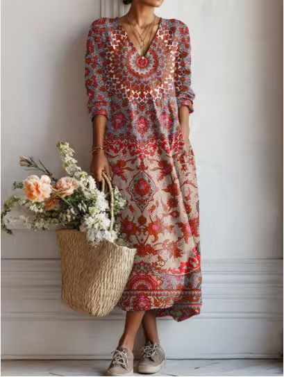 Women's floral midi dress with V-neckline and three-quarter sleeves