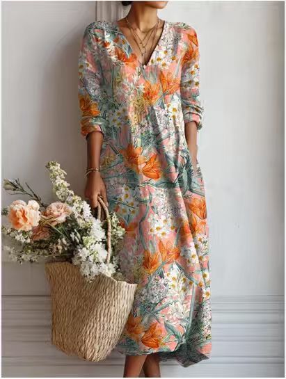 Women's floral midi dress with V-neckline and three-quarter sleeves