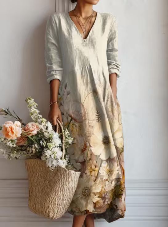 Women's floral midi dress with V-neckline and three-quarter sleeves
