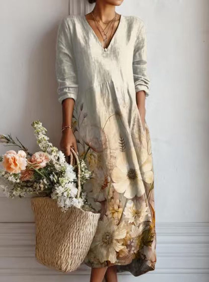 Women's floral midi dress with V-neckline and three-quarter sleeves