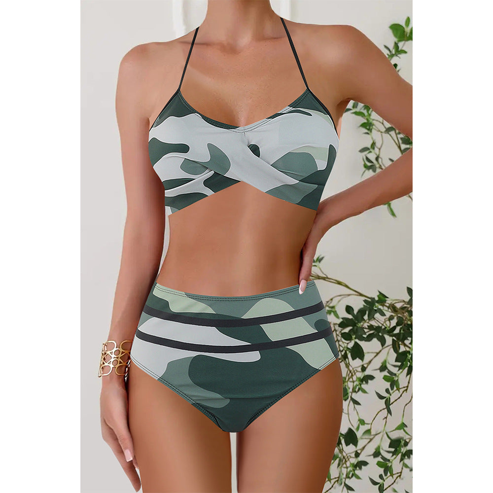 Women's printed two-piece bikini with shaped top and high-waisted briefs