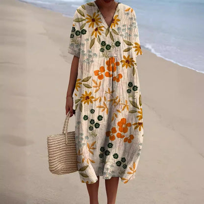 Women's floral V-neck knee dress with short sleeves