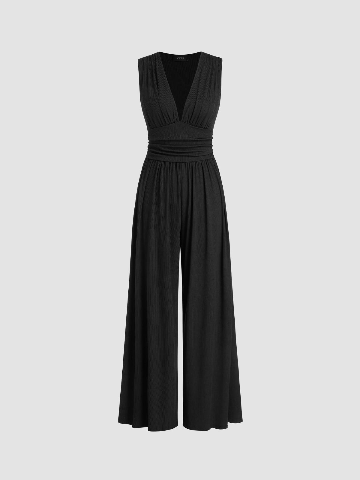 Sleeveless wide-leg jumpsuit with deep V-neckline and ruched waist