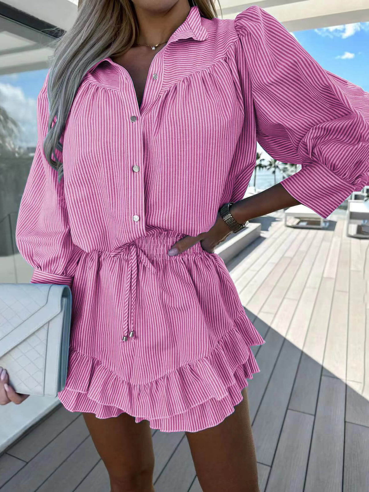 Women's striped button shirt and ruffle shorts two-piece set
