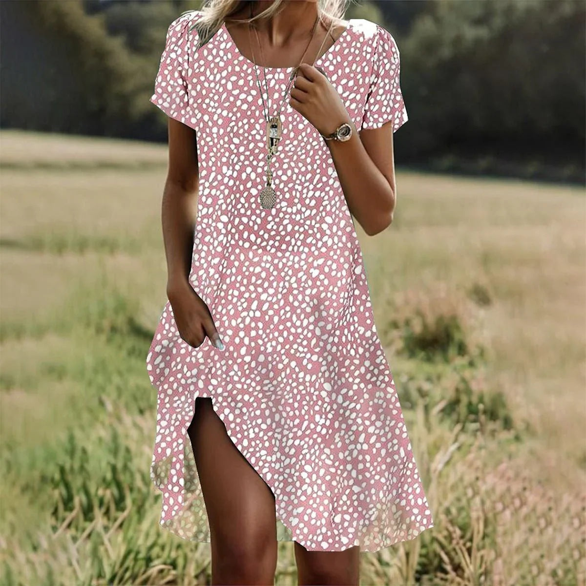 Women's polka dot midi dress with V-neckline and short sleeves