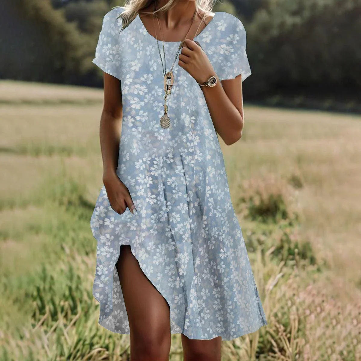 Women's polka dot midi dress with V-neckline and short sleeves