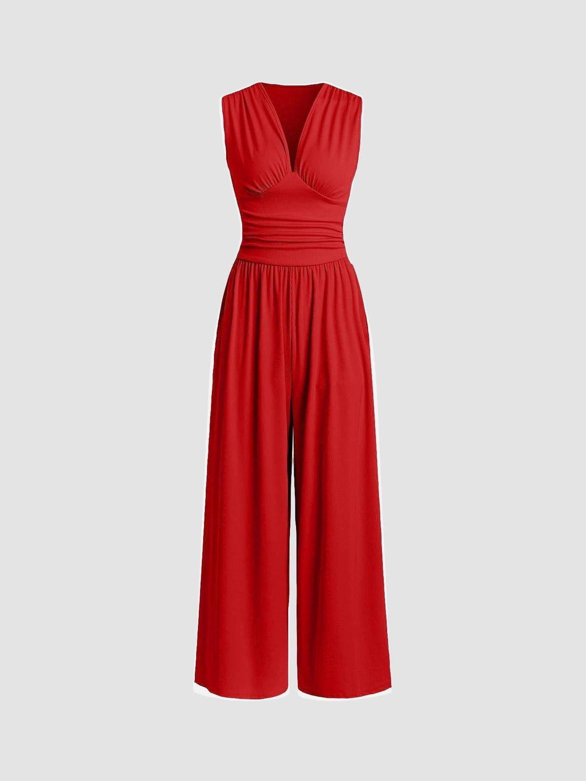 Sleeveless wide-leg jumpsuit with deep V-neckline and ruched waist