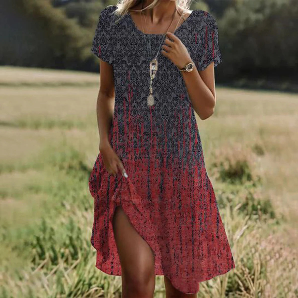 Women's polka dot midi dress with V-neckline and short sleeves