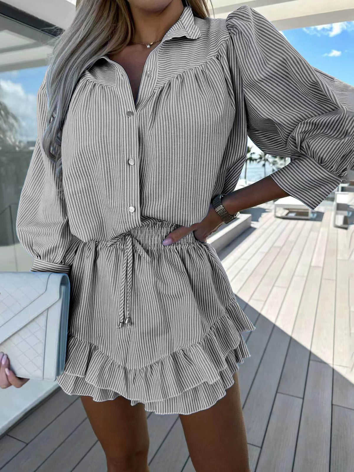 Women's striped button shirt and ruffle shorts two-piece set