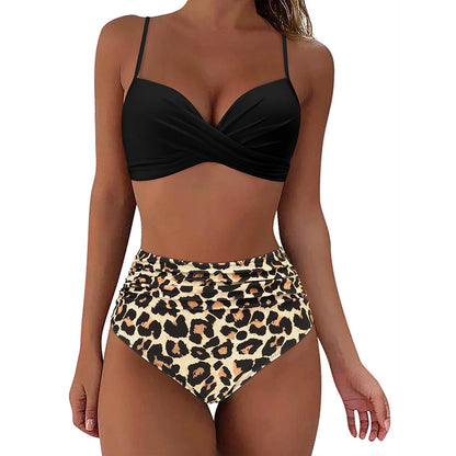 Women's high-waisted leopard print twist-front bikini set