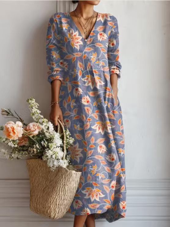 Women's floral midi dress with V-neckline and three-quarter sleeves