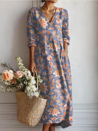 Women's floral midi dress with V-neckline and three-quarter sleeves