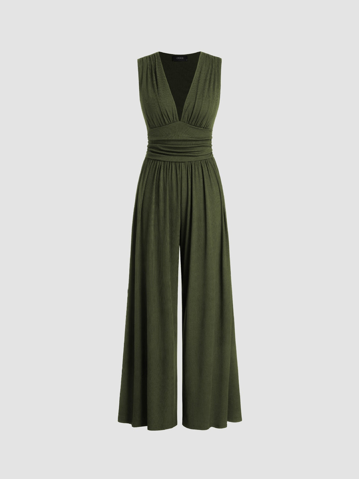 Sleeveless wide-leg jumpsuit with deep V-neckline and ruched waist