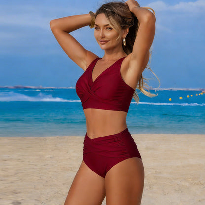 Women's high waist twist bikini with V-neck top and gathered briefs