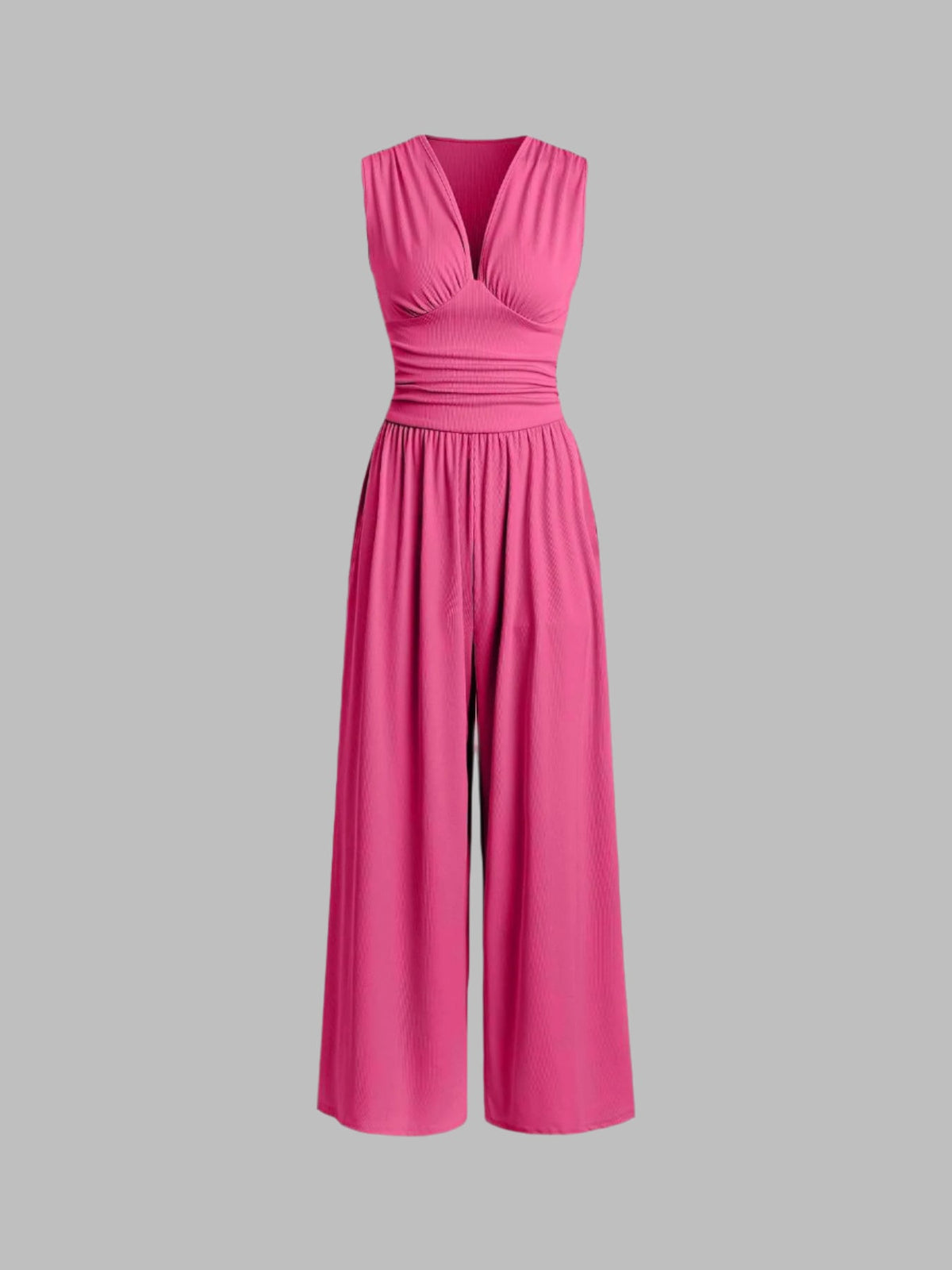 Sleeveless wide-leg jumpsuit with deep V-neckline and ruched waist
