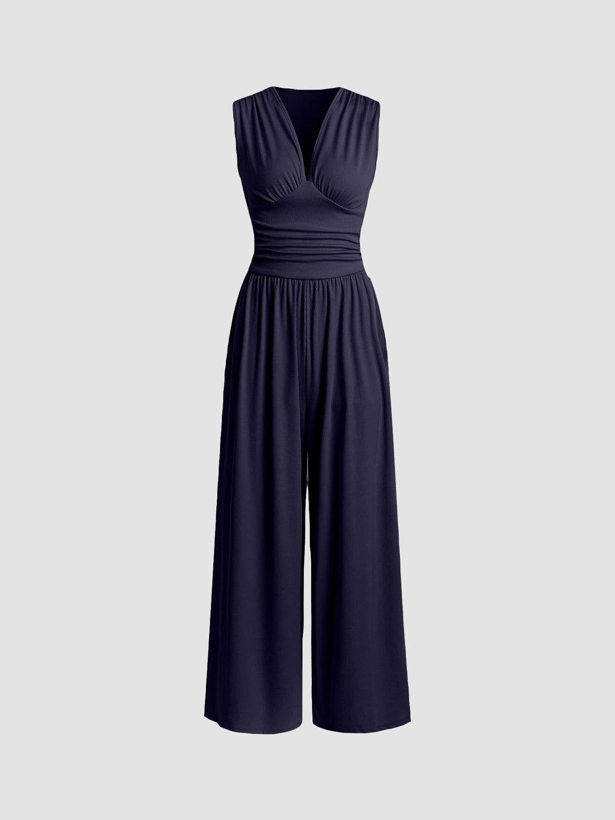 Sleeveless wide-leg jumpsuit with deep V-neckline and ruched waist