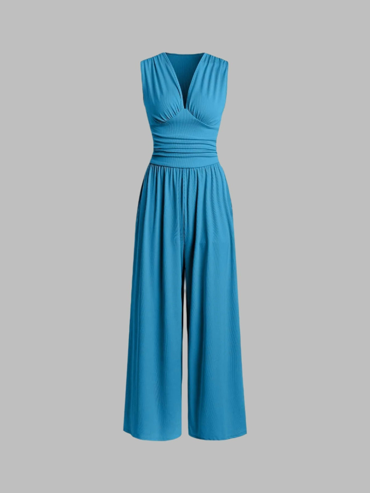 Sleeveless wide-leg jumpsuit with deep V-neckline and ruched waist