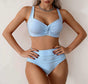 Women's high-waisted ruched bikini set with V-neck top and wide straps