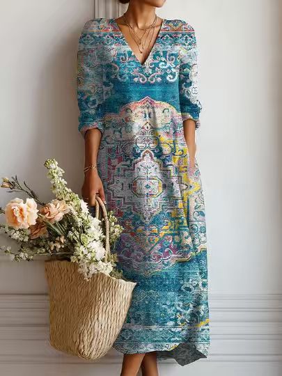 Women's floral midi dress with V-neckline and three-quarter sleeves