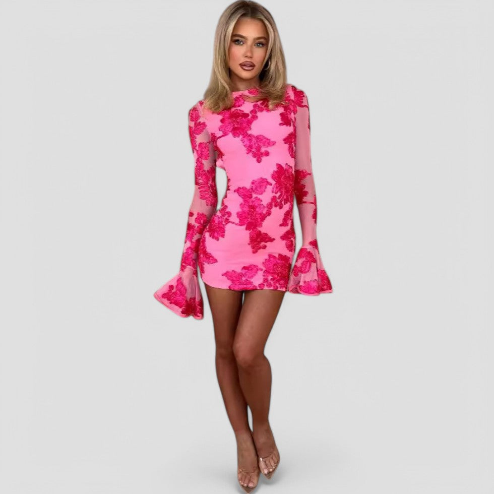 Women's floral mesh mini dress with long bell sleeves