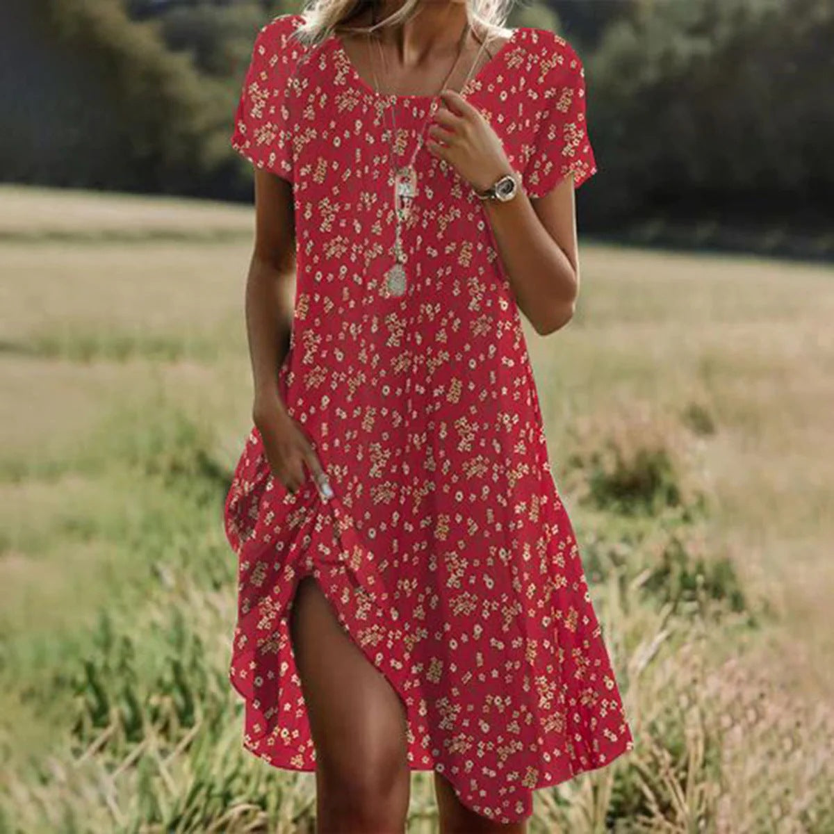 Women's polka dot midi dress with V-neckline and short sleeves