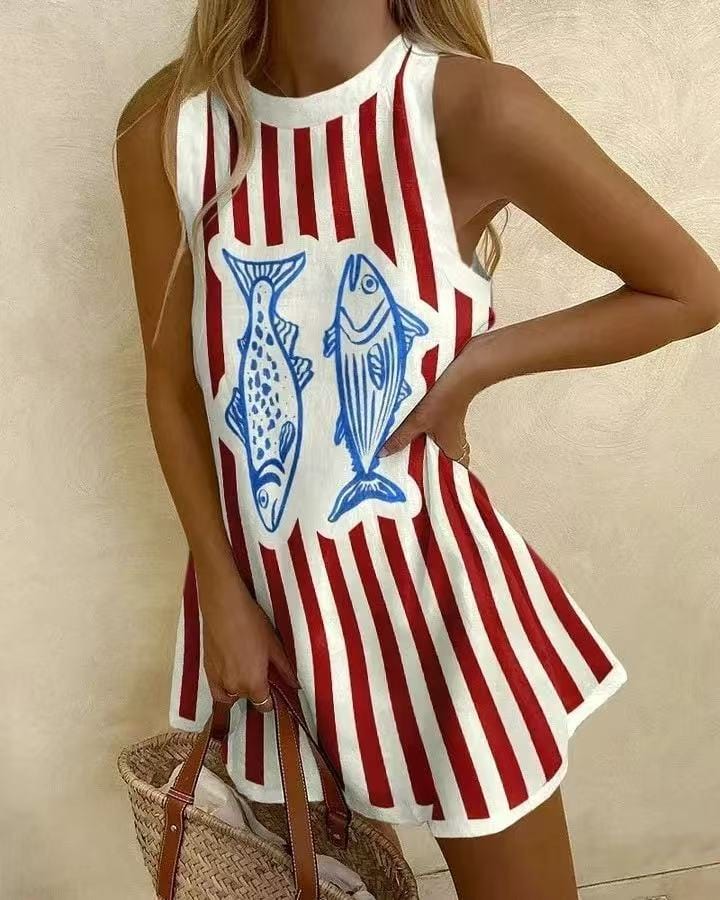 Women's red and white striped sleeveless playsuit with blue fish print