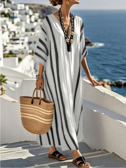 Women's striped kaftan maxi dress with V-neckline and wide 3/4 sleeves