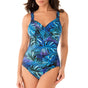 Women's tropical leaf print V-neck one-piece swimsuit with wide straps