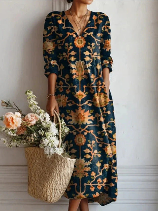 Women's floral midi dress with V-neckline and three-quarter sleeves