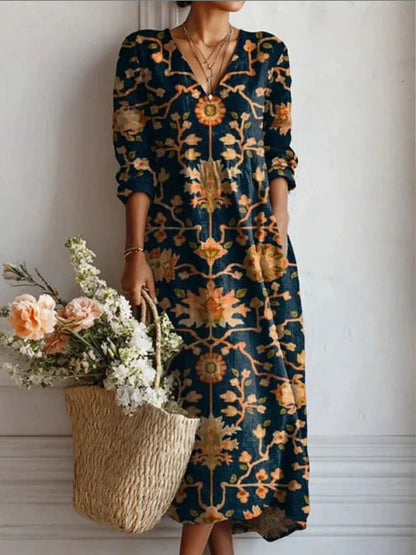 Women's floral midi dress with V-neckline and three-quarter sleeves