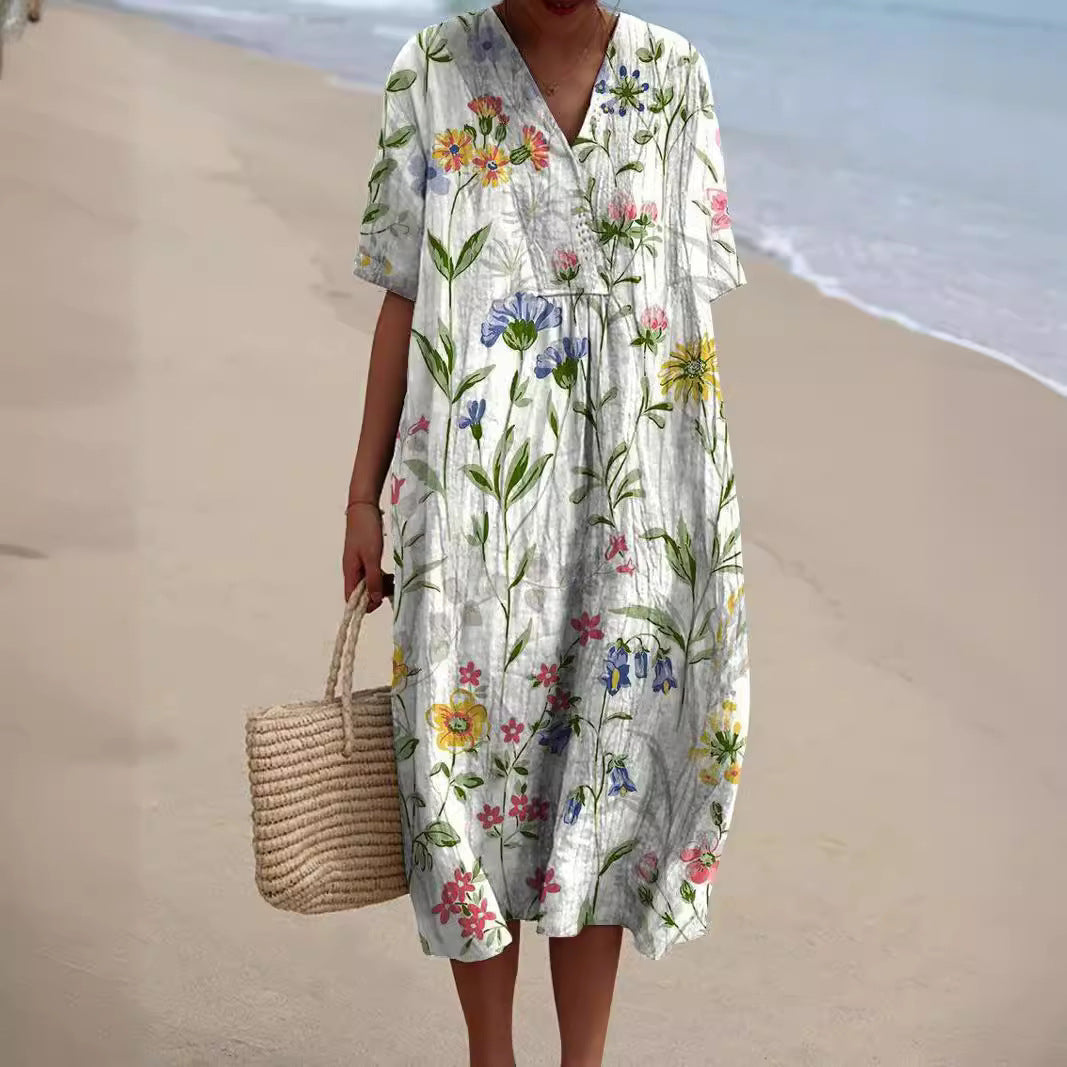 Women's floral V-neck knee dress with short sleeves