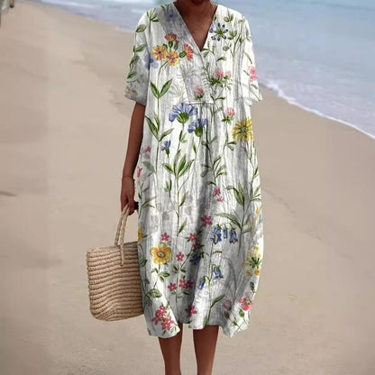 Women's floral V-neck knee dress with short sleeves