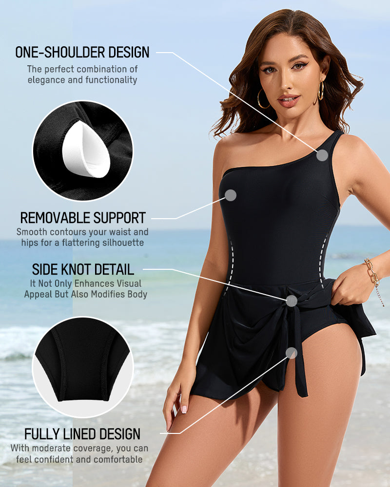 Women's one-shoulder one-piece swimsuit with short tie-front skirt overlay
