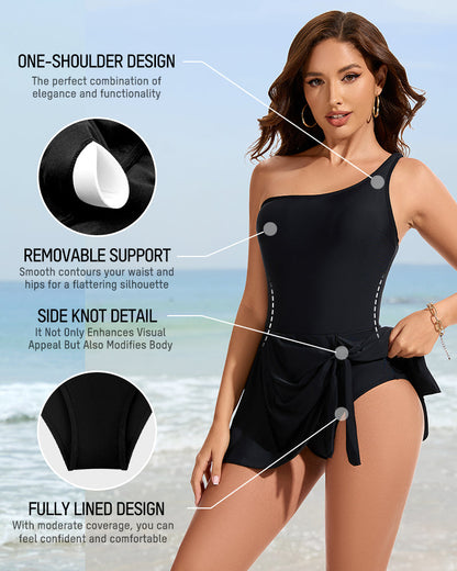 Women's one-shoulder one-piece swimsuit with short tie-front skirt overlay