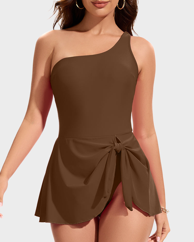 Women's one-shoulder one-piece swimsuit with short tie-front skirt overlay