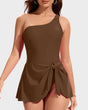 Women's one-shoulder one-piece swimsuit with short tie-front skirt overlay