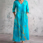 Women's floral V-neck maxi dress with three-quarter sleeves, gathered waist and side pockets
