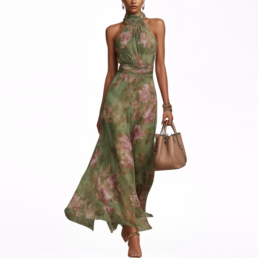 Vestido largo de flores verde de mujer con cuello halter y sin mangas