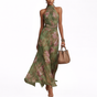 Vestido largo de flores verde de mujer con cuello halter y sin mangas