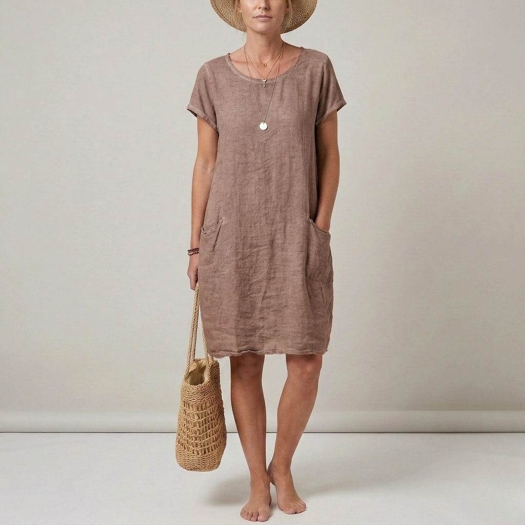 Women's short-sleeve textured mini dress with front patch pockets