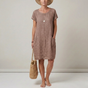 Women's short-sleeve textured mini dress with front patch pockets