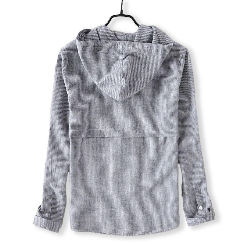 Men's striped long-sleeve hooded shirt with button front and curved hem