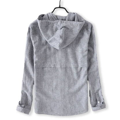 Men's striped long-sleeve hooded shirt with button front and curved hem